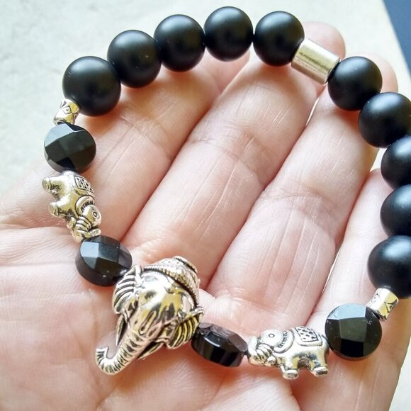 Chunky!!! Beaded Black & Silver Elephant Stretch Bracelet - Black Stone Beads - Picture 3 of 9